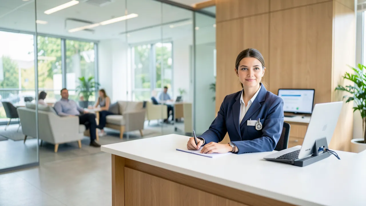 Moderne Empfangs- und Wartebereich-Szene einer Gesundheitsklinik mit einer professionell wirkenden Person an einem sauberen Tresen, im Hintergrund eine ruhige Lounge, aufgenommen mit natürlichem Licht und großer Tiefenschärfe.